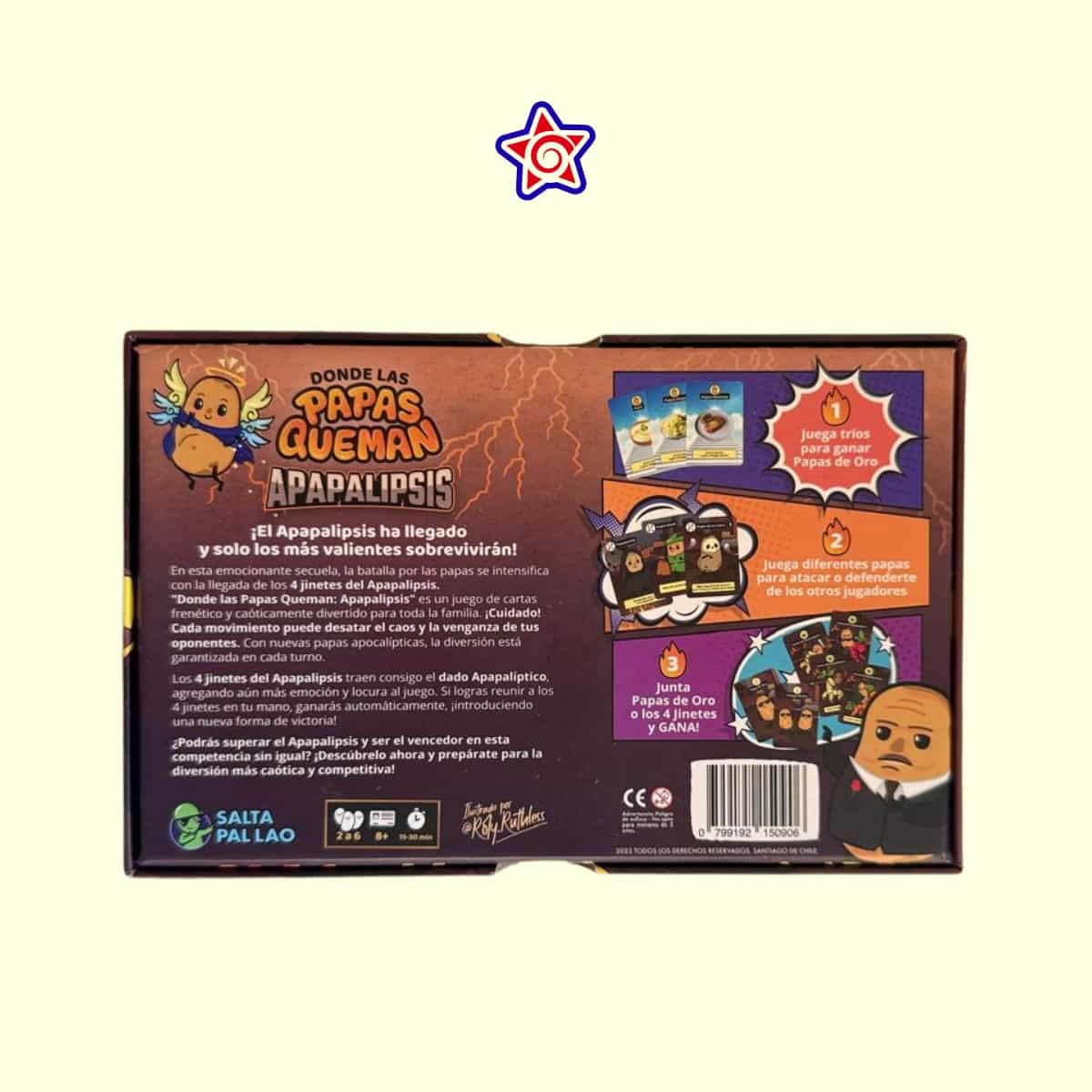Parte trasera de la caja de Apapalipsis con cómo se juega y componentes