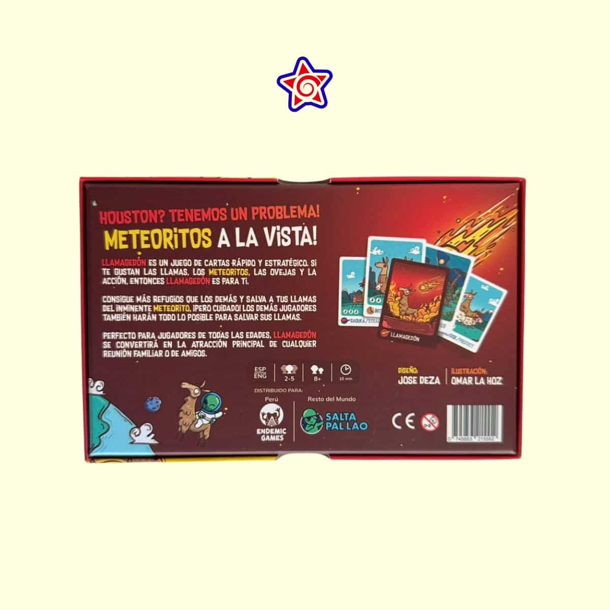 Parte trasera de la caja de Llamagedón con cómo se juega y componentes